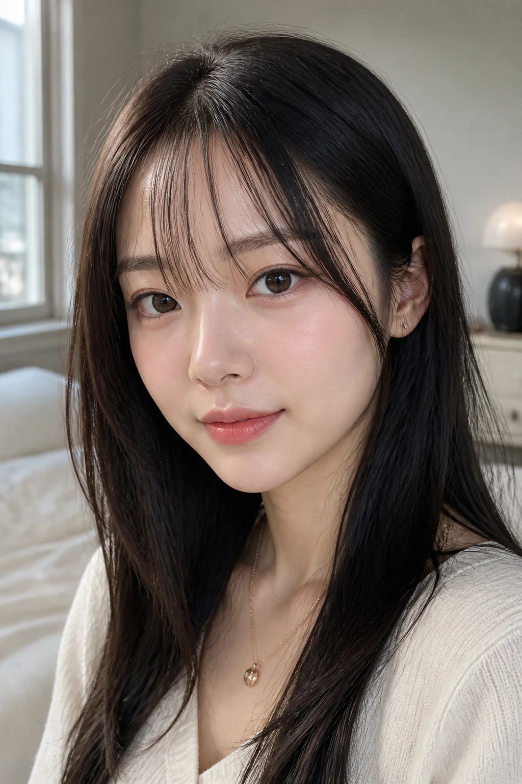 Close-up of a real person with ultra-thin see-through bangs framing eyes under natural light