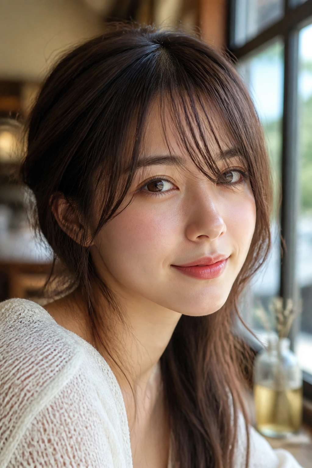 Real woman with airy see-through bangs showing gaps.