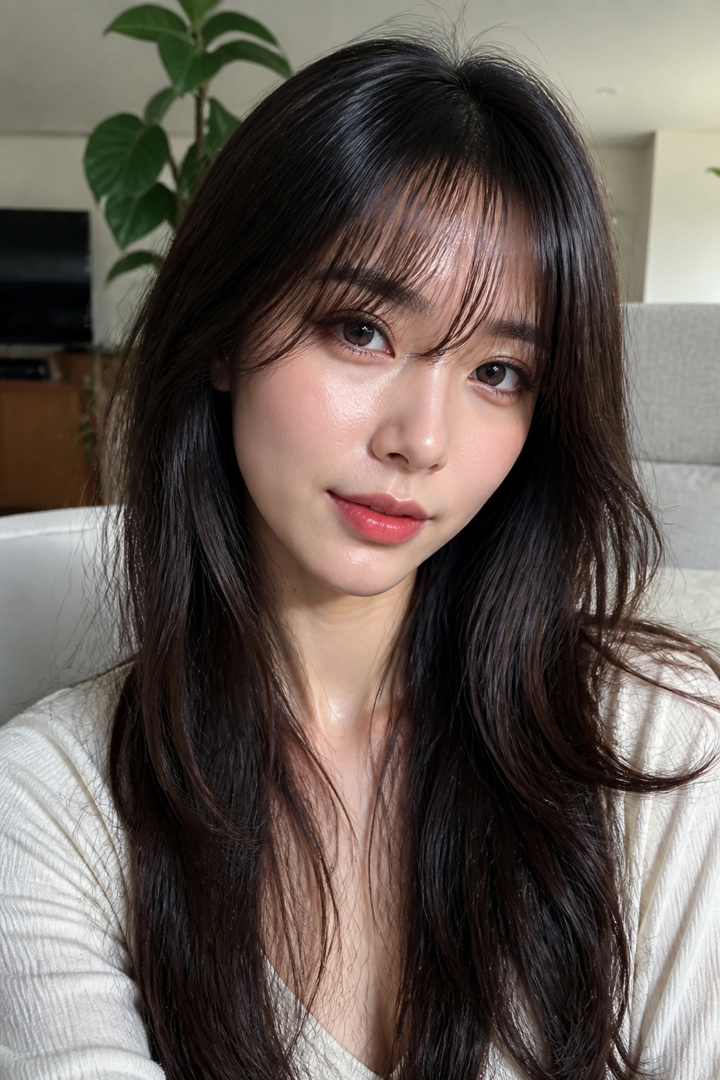 Close-up of real woman with see-through bangs on long hair