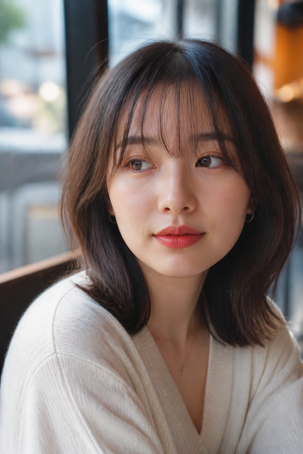 Close-up of a real woman with airy see-through bangs in a bright cafe.