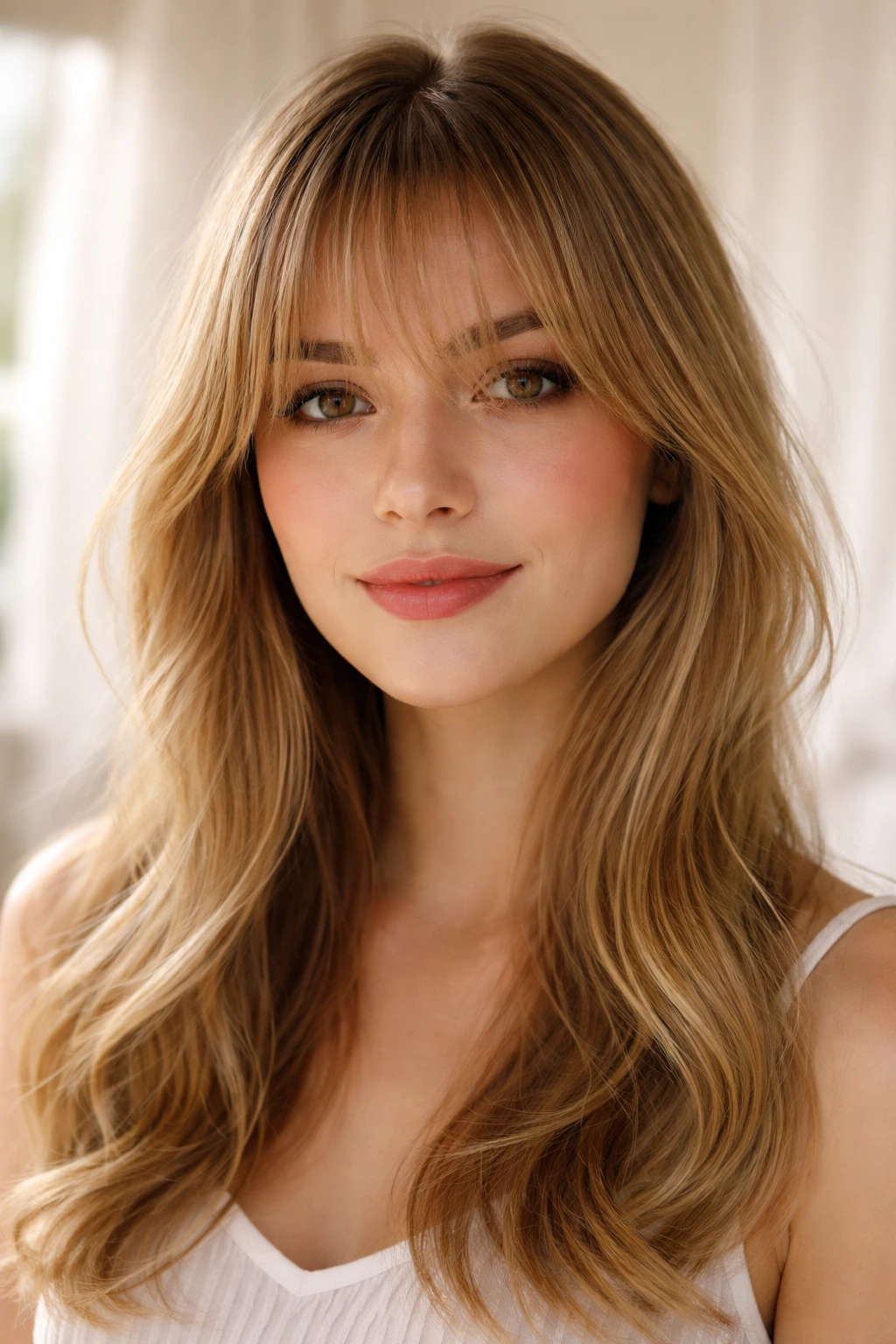 Close-up of airy see-through bangs on a real person under bright natural light.