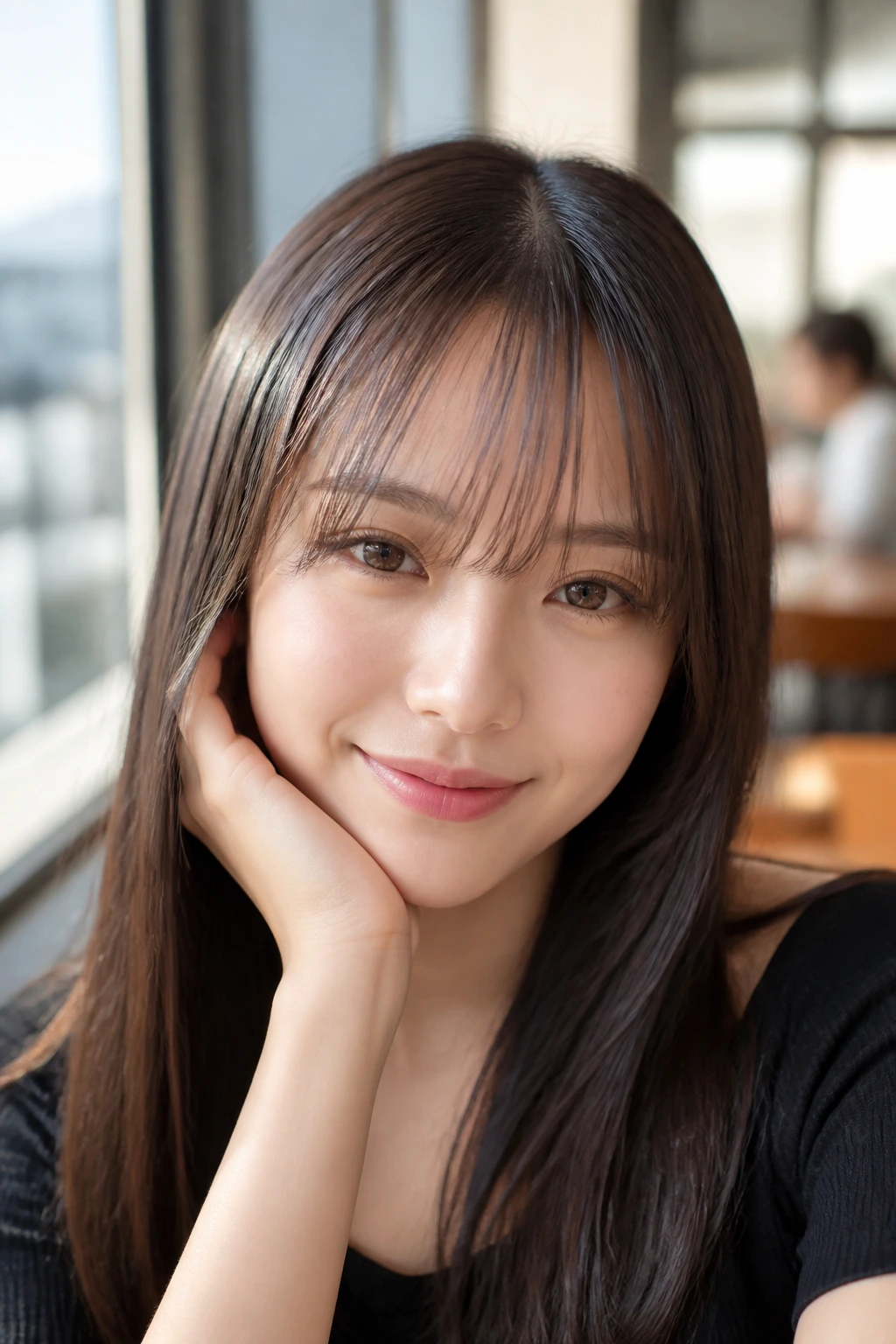 Real woman with see-through bangs and silky straight hair