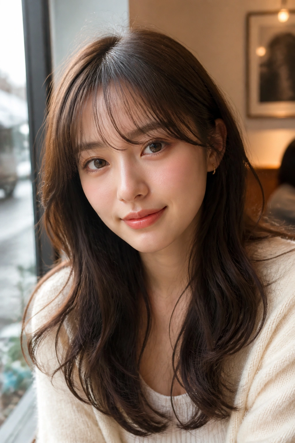 Close-up portrait of real woman with see-through wavy bangs in natural light