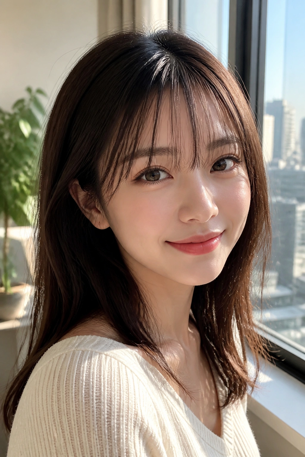 Close-up of a real woman with see-through straight bangs in a sunlit room