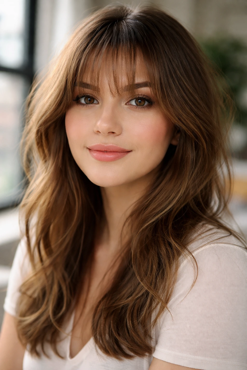 Close-up of real person with wispy see-through bangs filling the frame