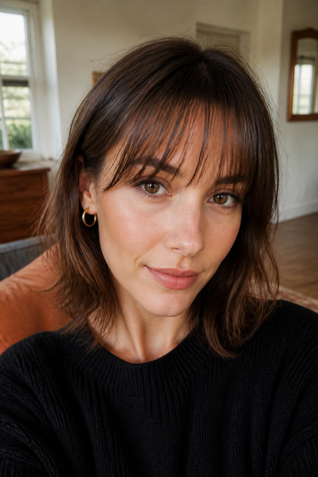 Real person with a light see-through fringe in soft window light.