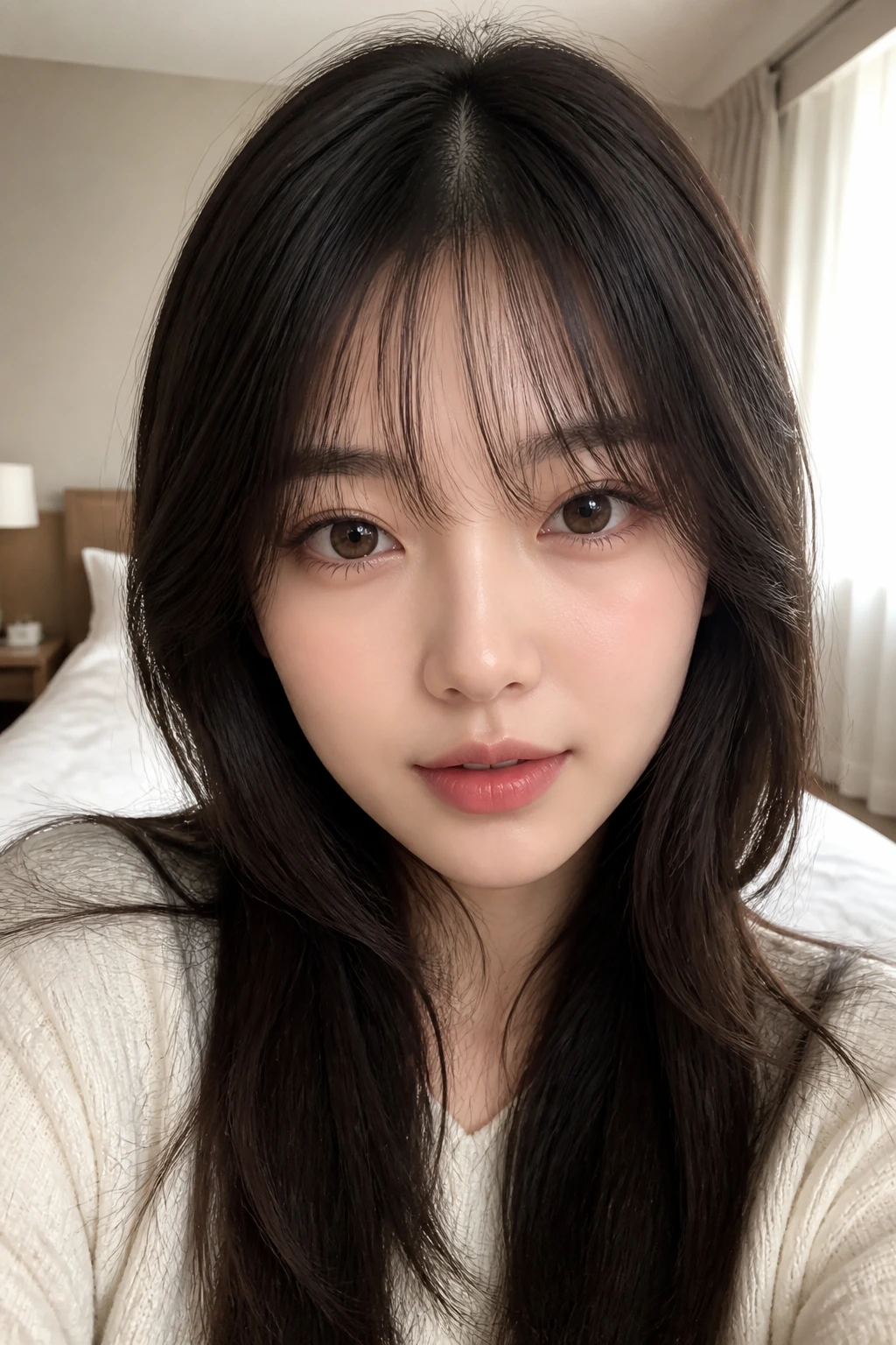 Close-up of a real woman wearing a see-through Korean fringe with a bare forehead and soft eye framing.