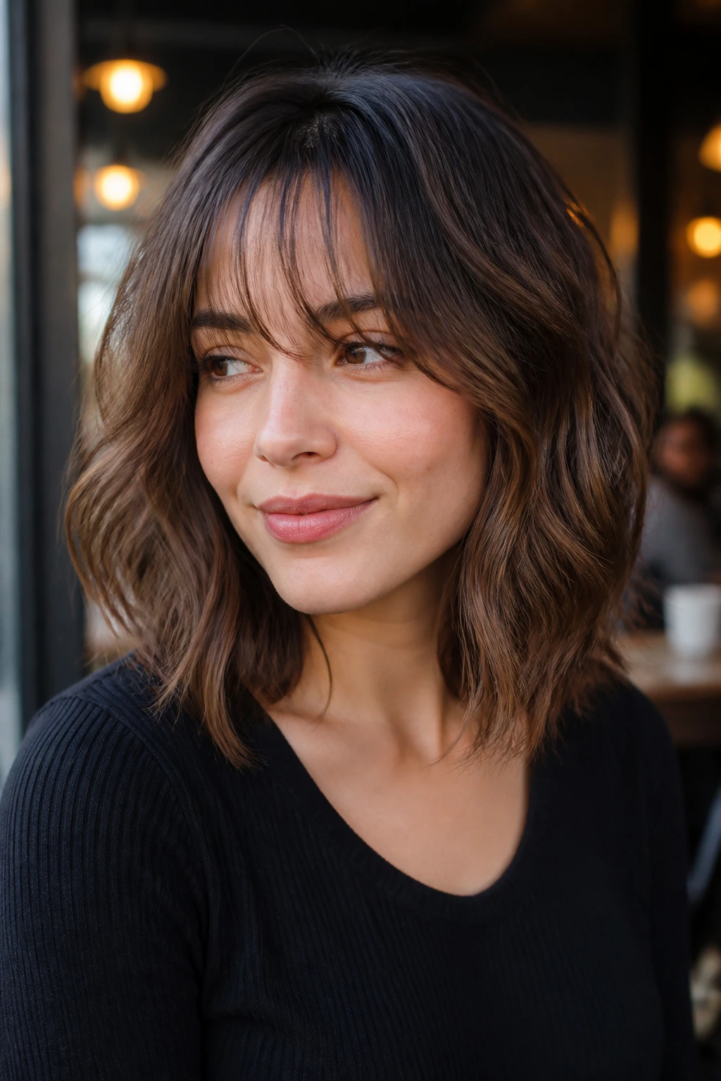 Close-up portrait of a real woman with see-through fringe on a wavy lob in soft light