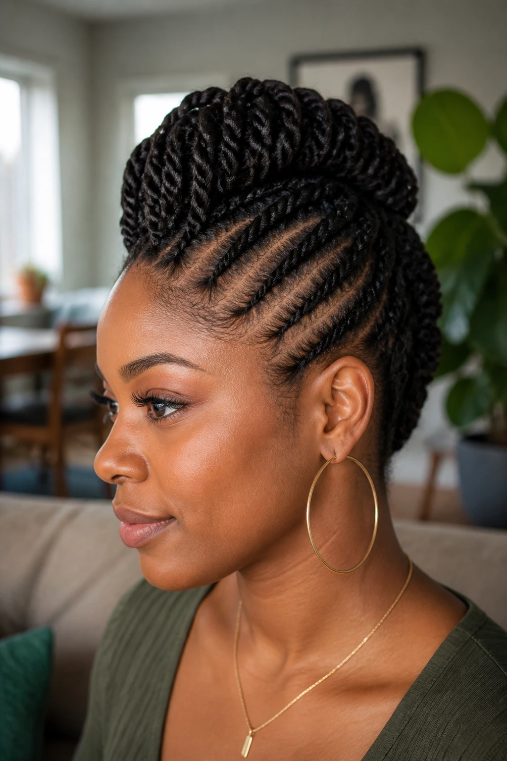 Close-up of a real Black woman with Senegalese twist updo mohawk pinned for height.