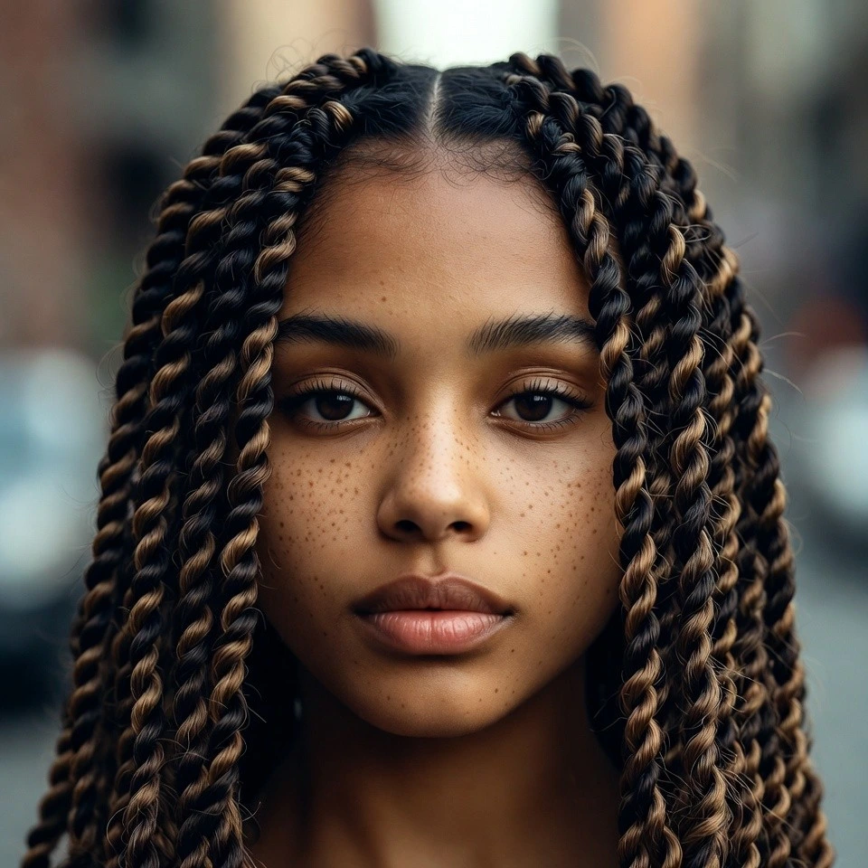 Close-up of a real person with Senegalese twists with extensions