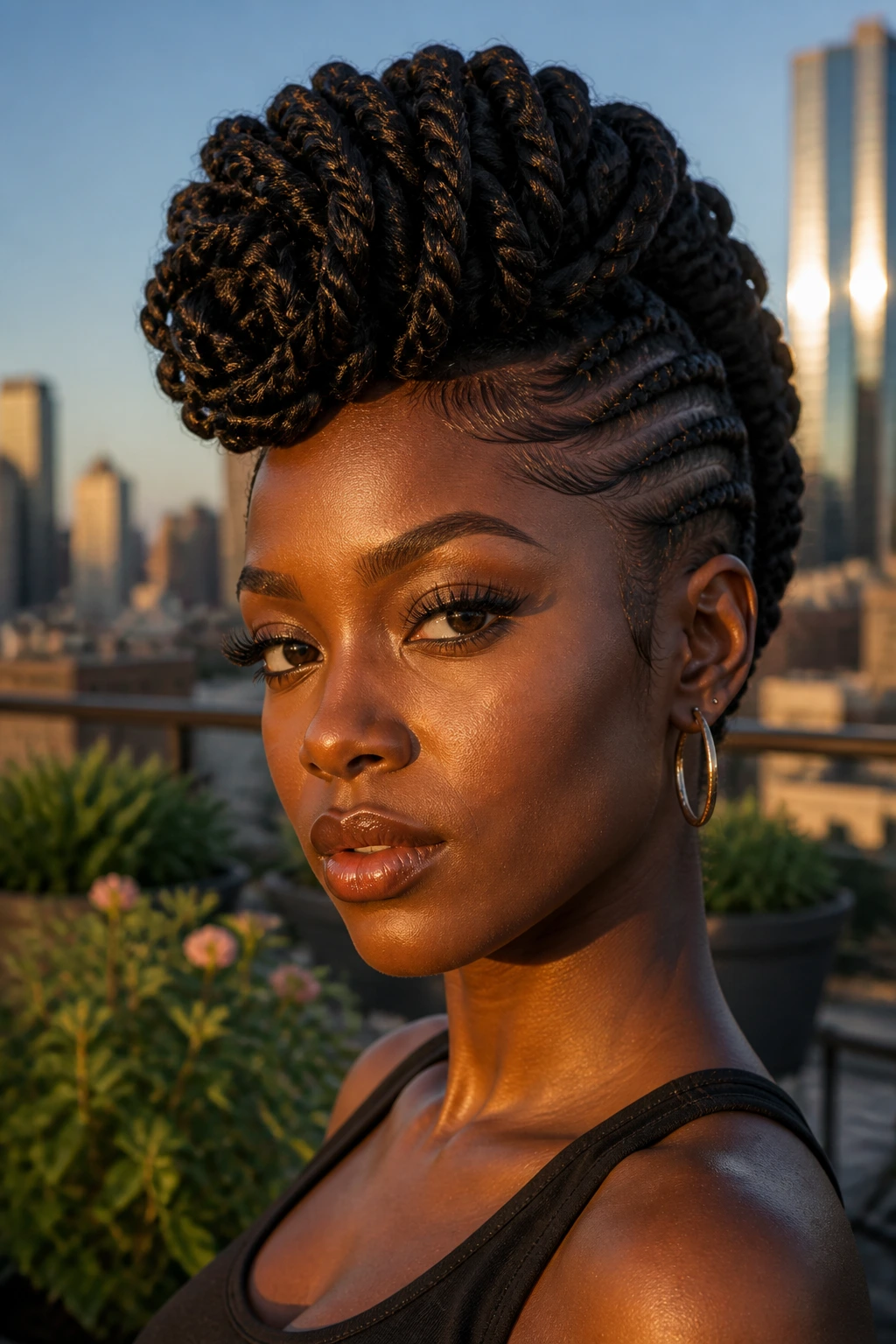 Close-up portrait of a real person with a mohawk made of Senegalese twists