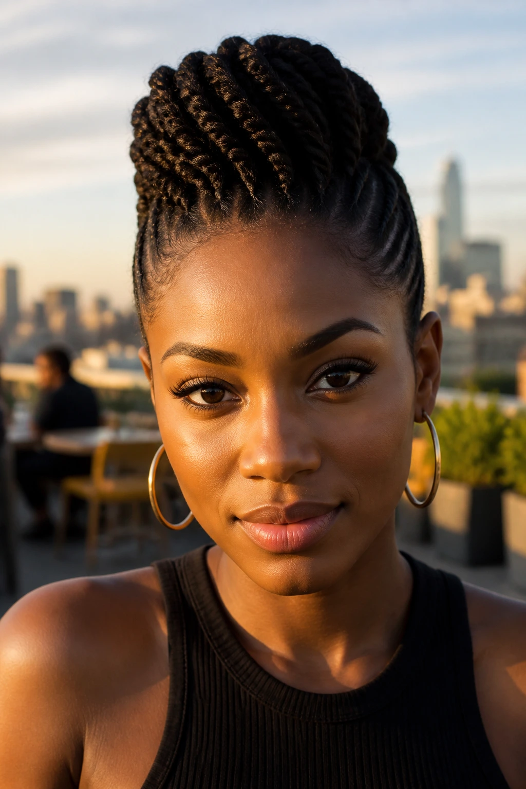 Portrait of a woman with sleek Senegalese twists forming a mohawk.