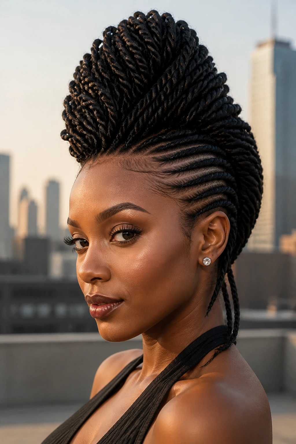 Close-up portrait of a real person with Senegalese twist mohawk in urban rooftop setting