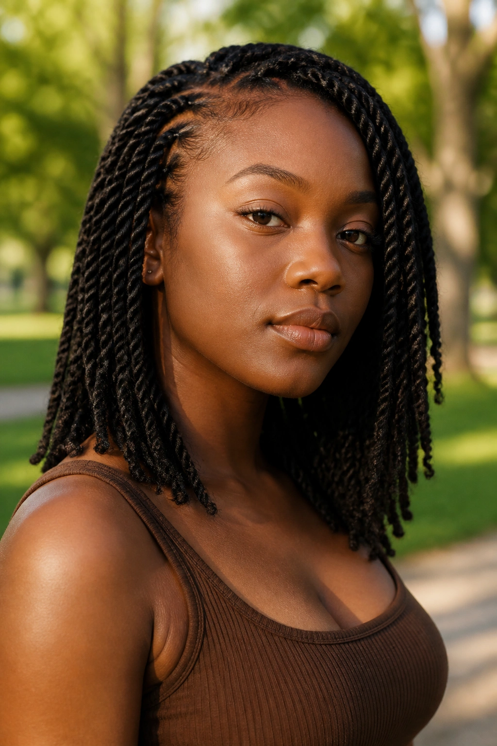 Real person with shoulder-skimming Senegalese twists in outdoor light