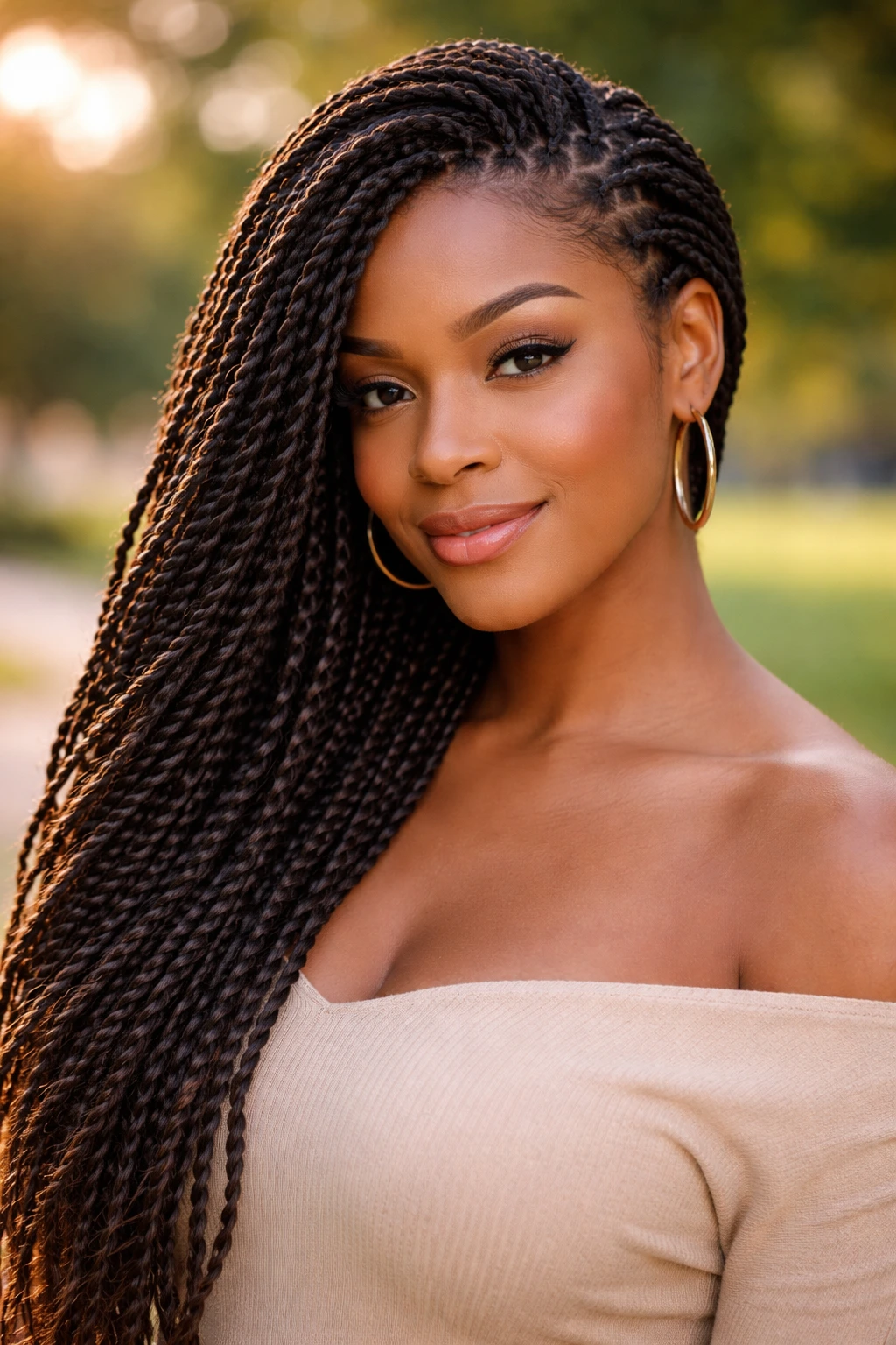 Portrait of a real person with side-swept Senegalese twists in golden hour park