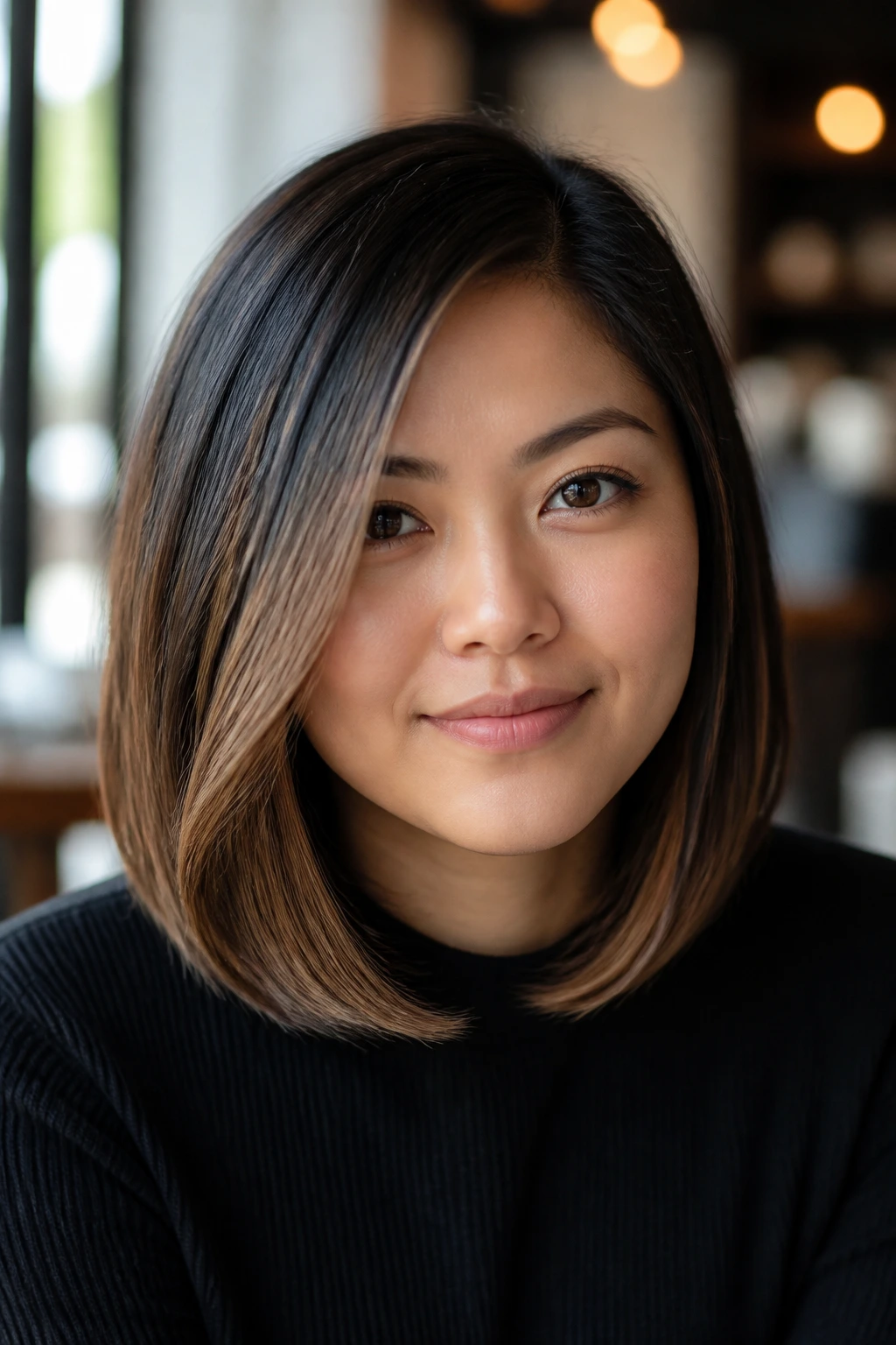 Close-up portrait of a real woman with sepia balayage on a sleek long bob