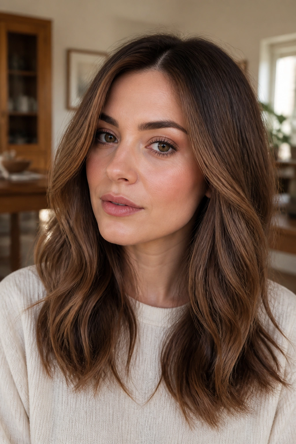 Close-up of a woman with sepia brown hair and soft shadow roots in warm daylight.