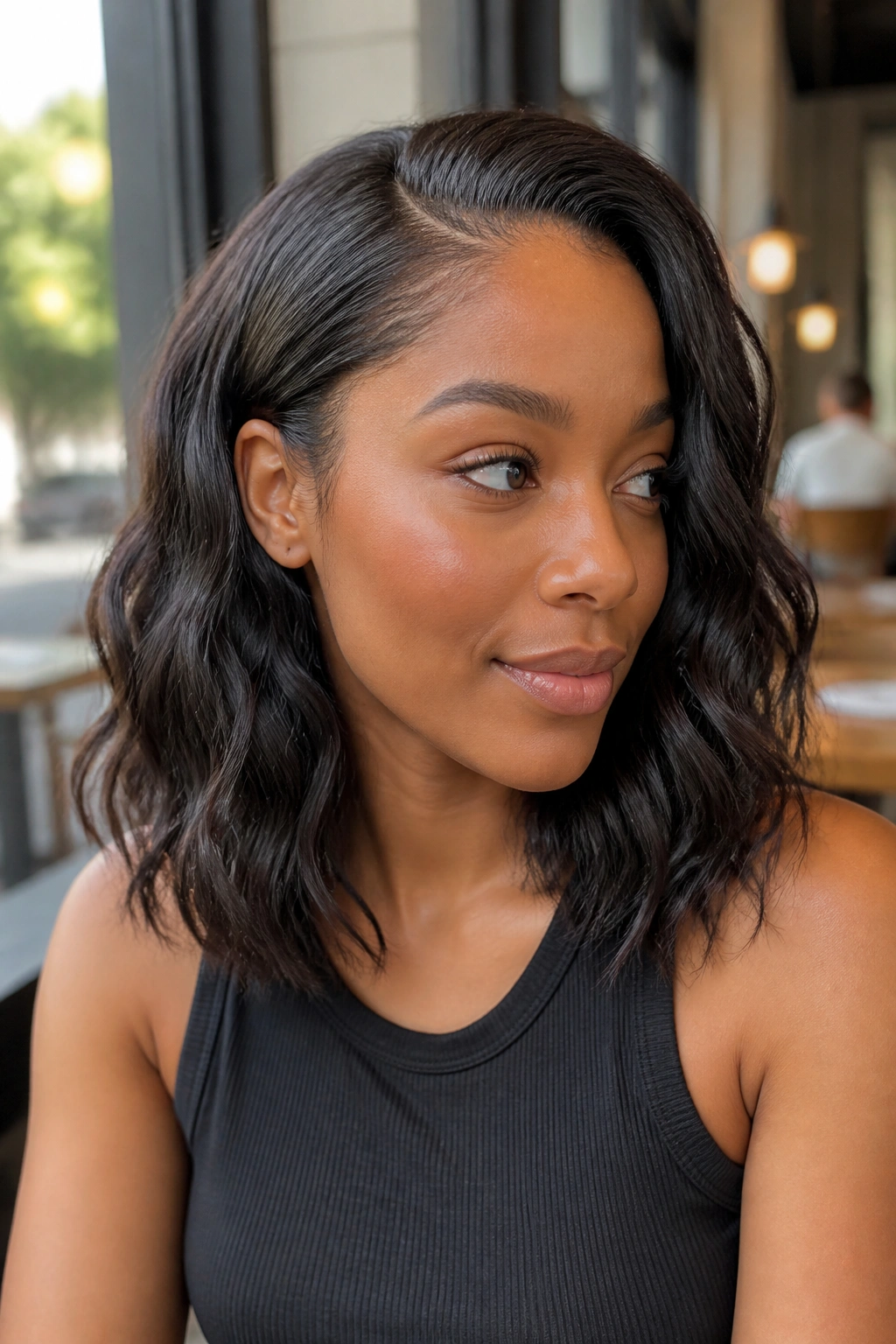 Close-up portrait of a woman with a sew-in lob and soft waves at collarbone length under cafe window light