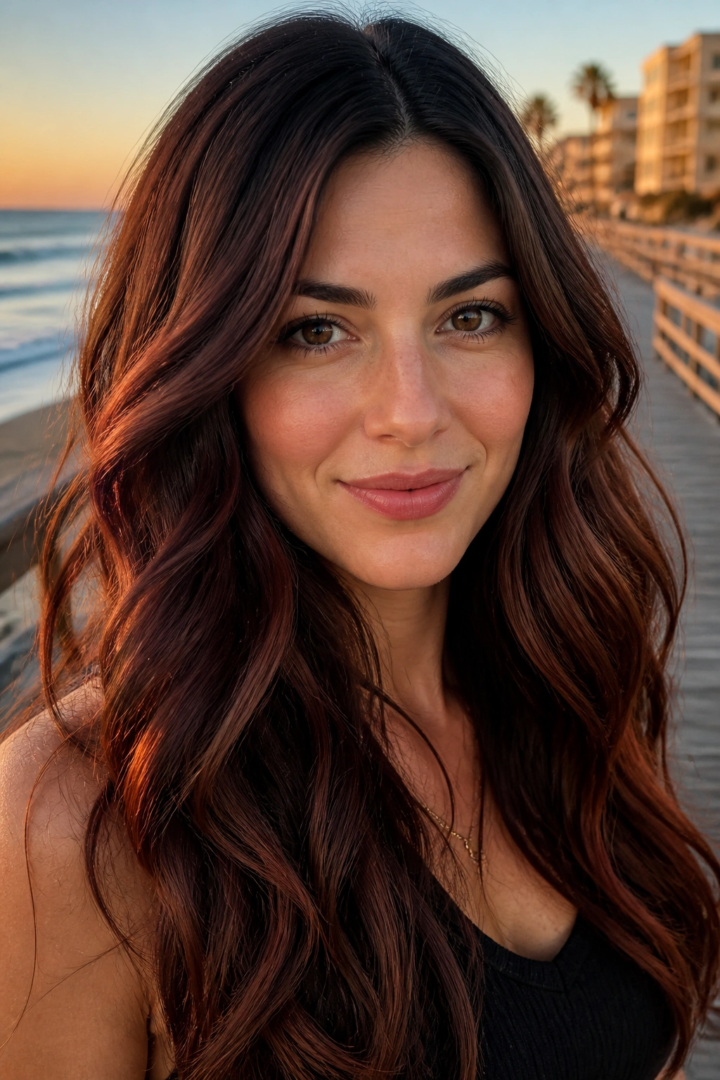 Close-up of a real woman with shaded mahogany waves in golden hour light
