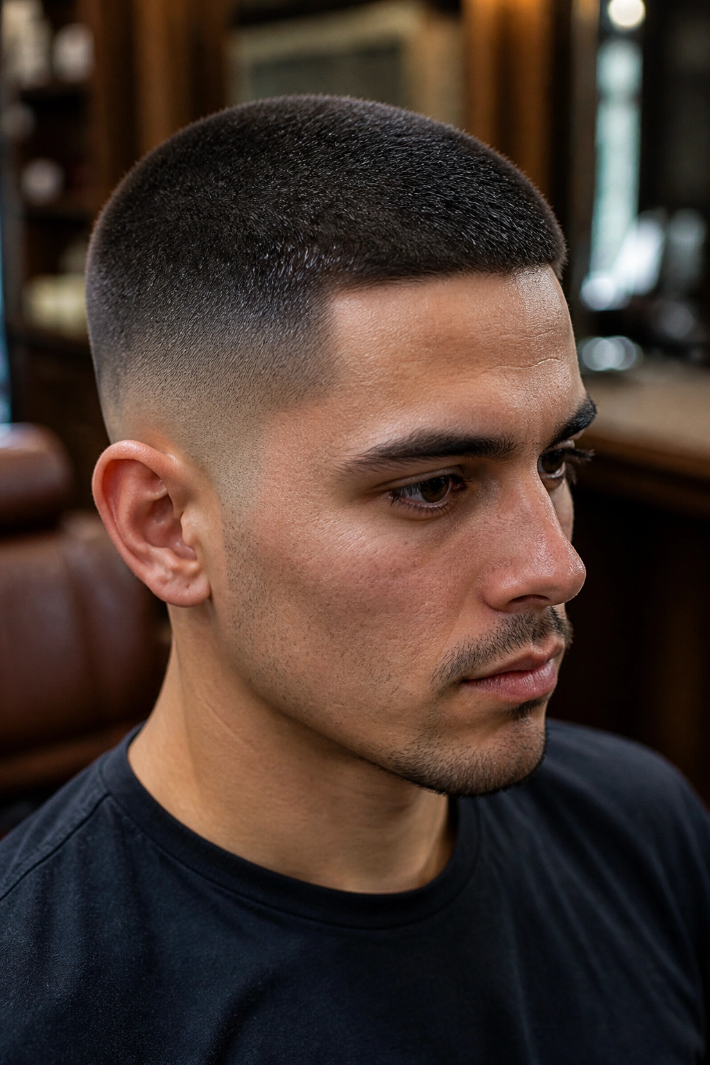 Close-up portrait of a real person with a shadow fade buzz cut in a warm barbershop setting