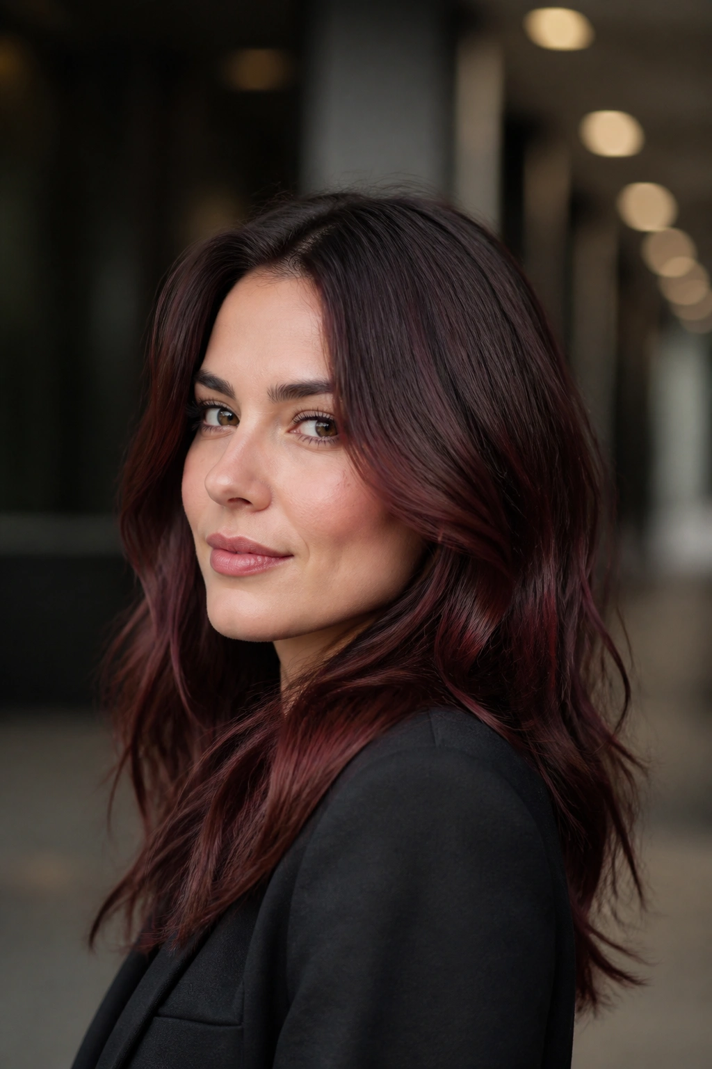 Close-up of a real person with shadowed mahogany brunette featuring deep roots and mahogany ribbons.