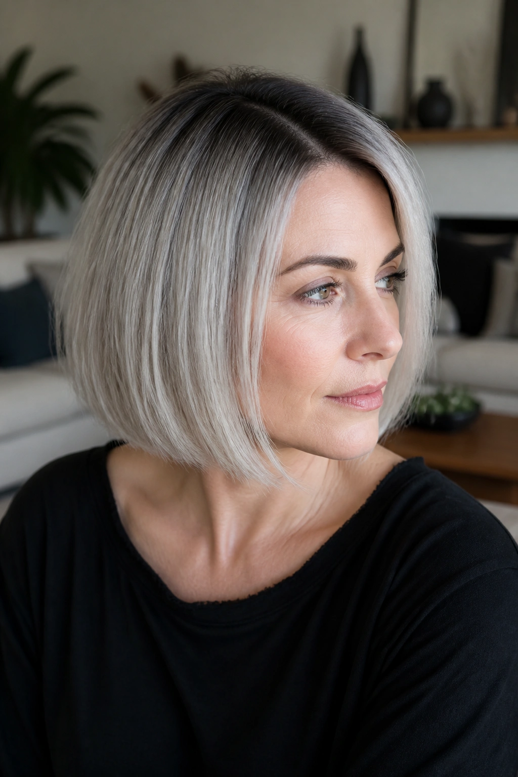 Close-up of a real woman with shadow root and silver melt on an ash silver bob