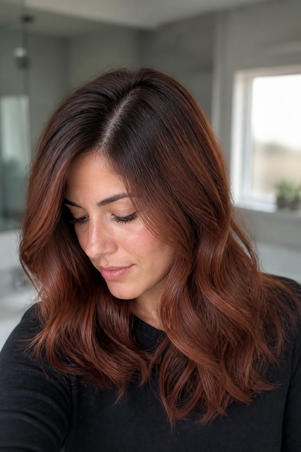 Close-up portrait of a real person with shadow root auburn showing dark roots fading into cooler auburn.