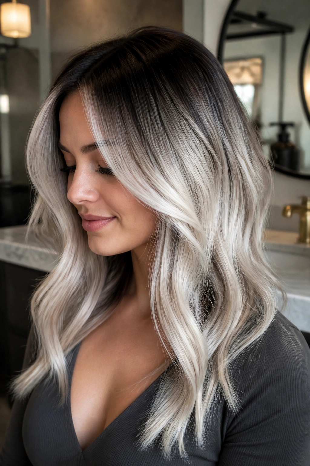 Shadow-rooted white balayage on brunette hair, close-up.