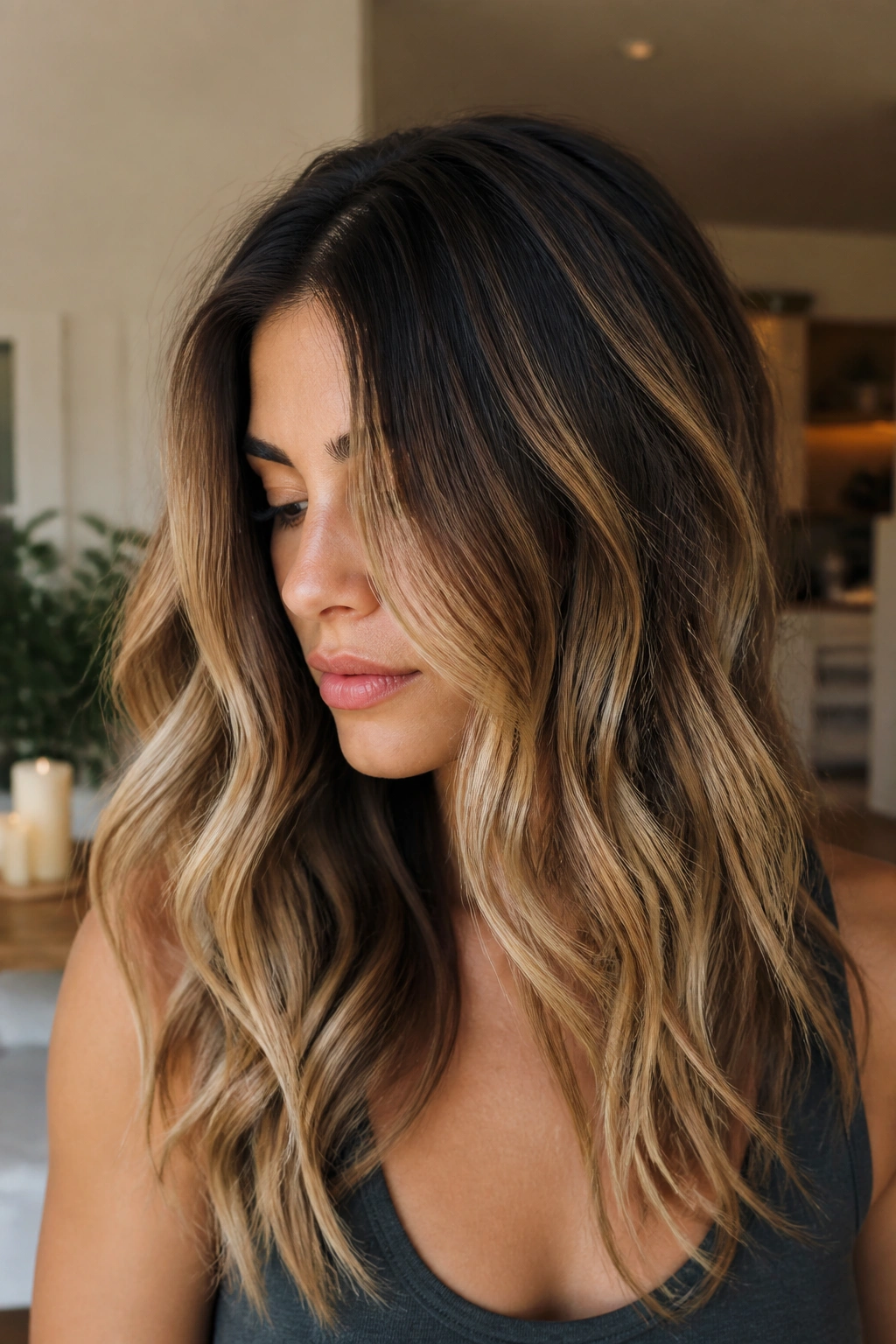 Close-up of a woman with lived-in honey balayage and a shadow root