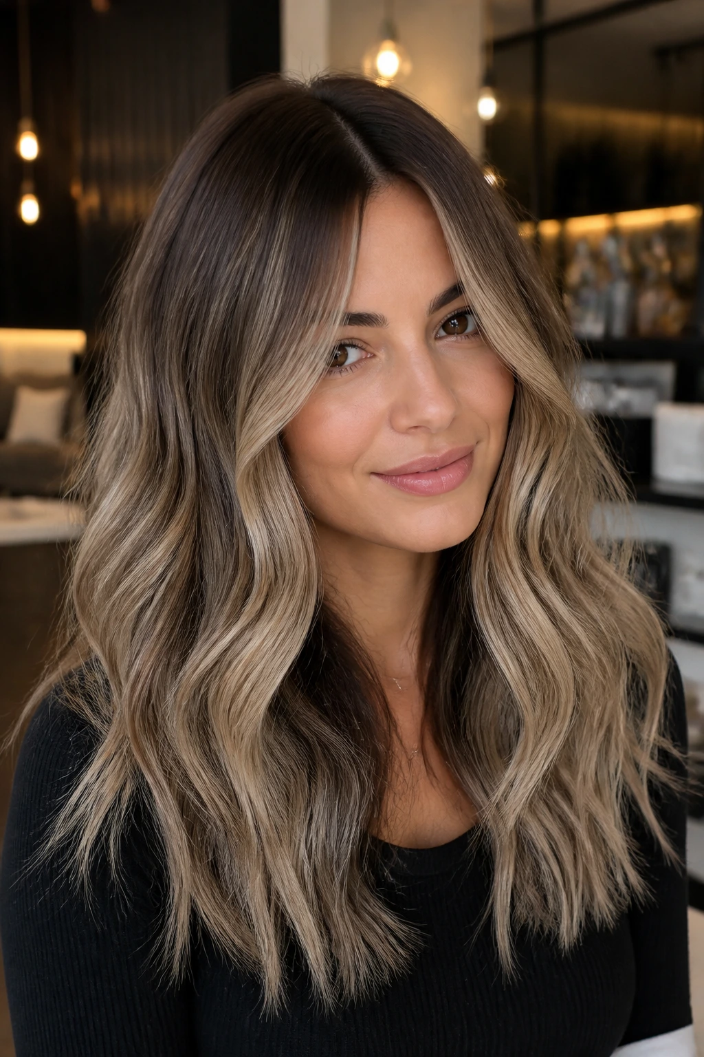 Close-up of brunette hair with smoky beige shadow root balayage