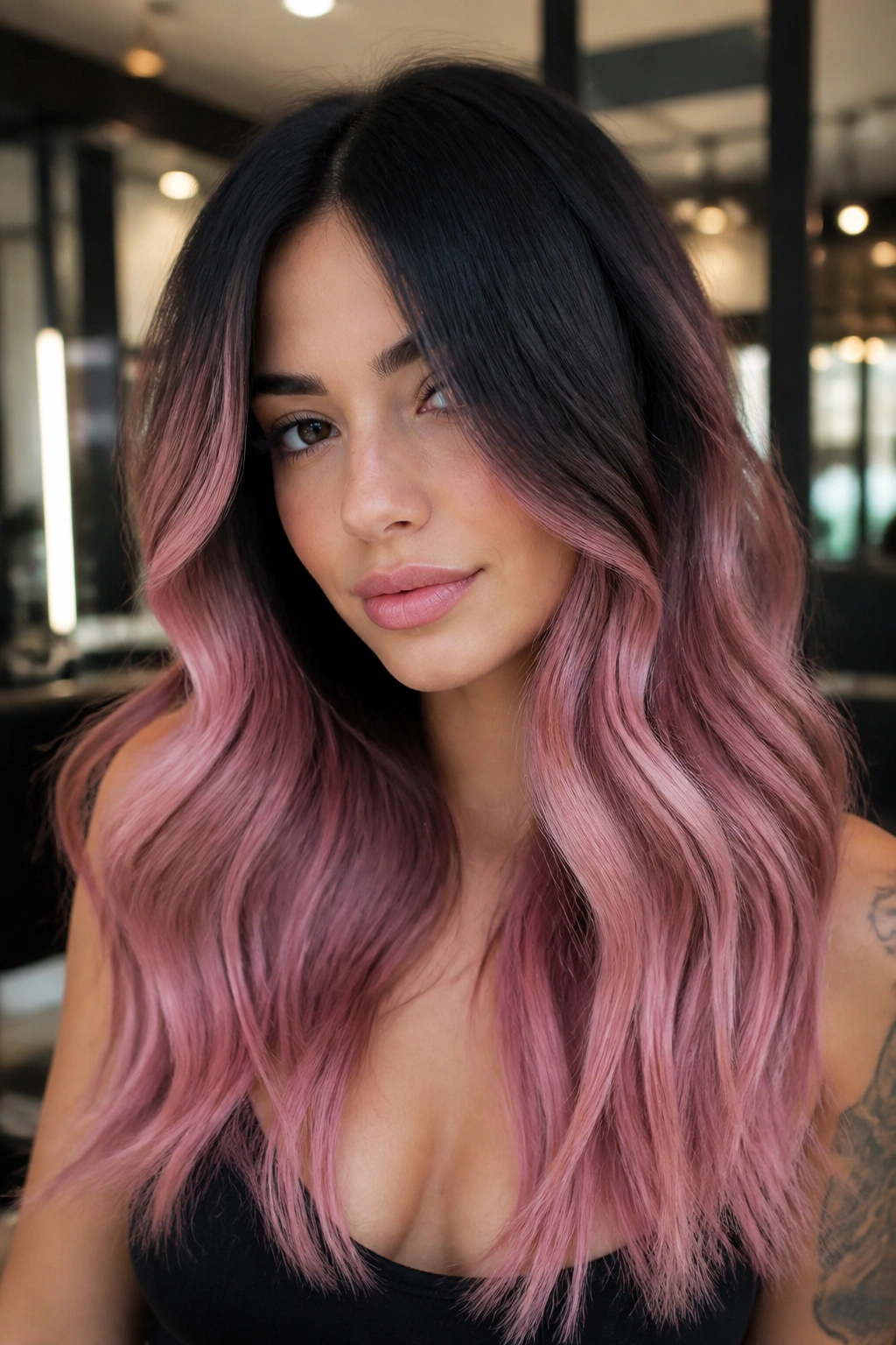 Close-up of shadow-rooted black hair with satin pink lengths.