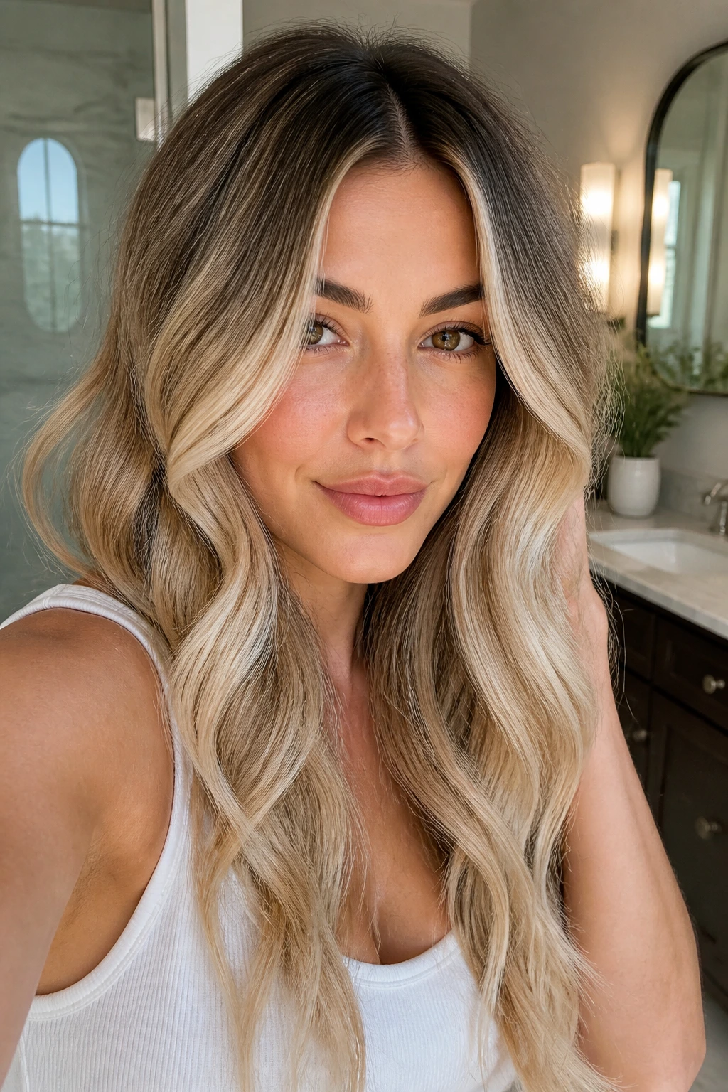 Close-up of a real woman with shadow-root blonde balayage on wavy hair.