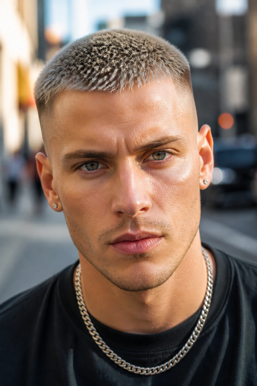 Man with cool blonde buzz cut and shadow root portrait