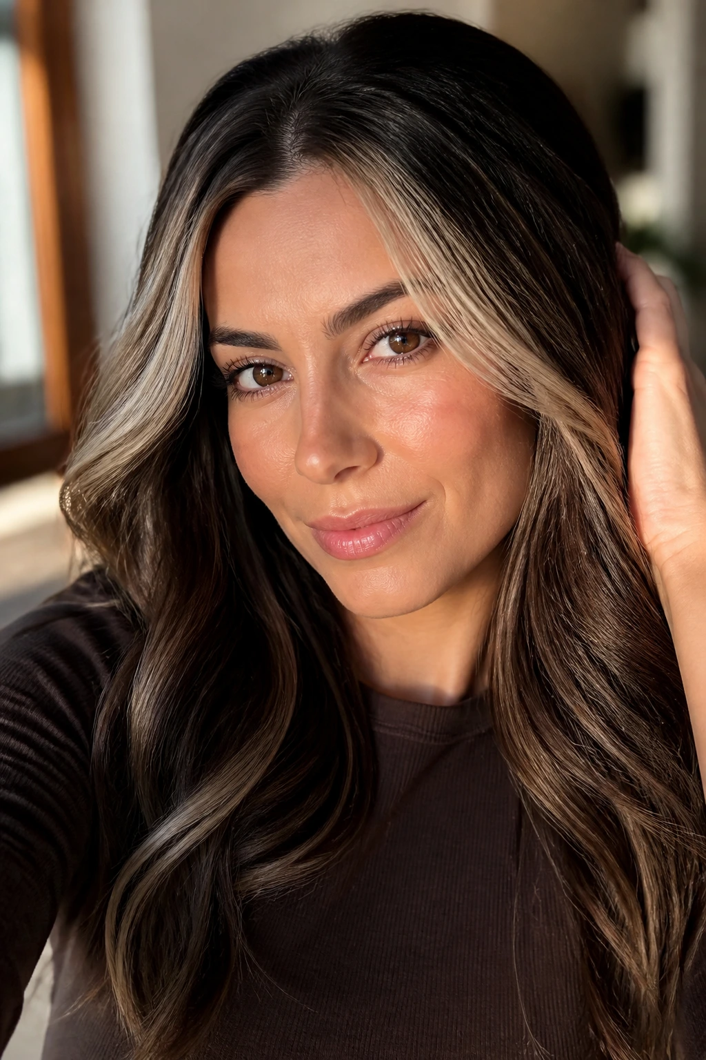 Close-up of a person with dark brown hair showing a shadow-root blonde contour at the front