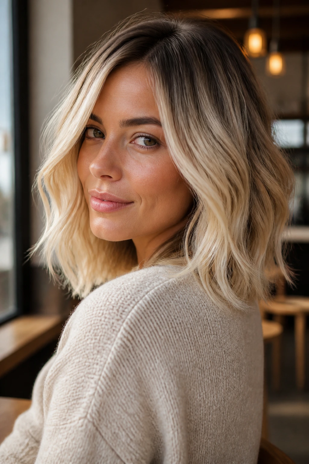 Portrait of a woman with shadow-root blonde lob and soft waves, warm lighting