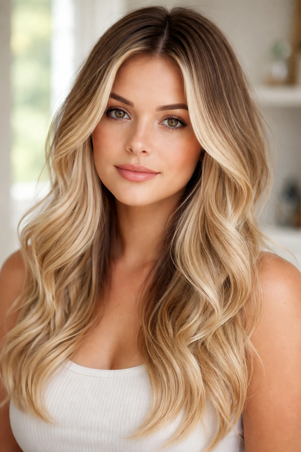 Close-up of a woman with dark roots fading into blonde lengths showing shadow root effect