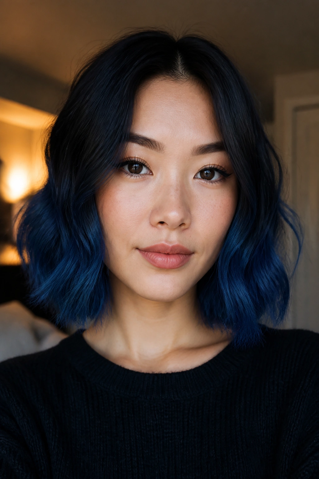 Portrait of a person with black roots and blue starting at chin length.