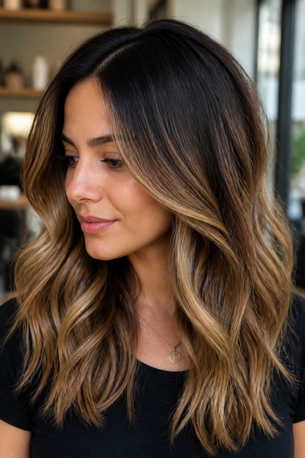 Close-up of brunette with shadow-root balayage, darker root and lighter mid-lengths
