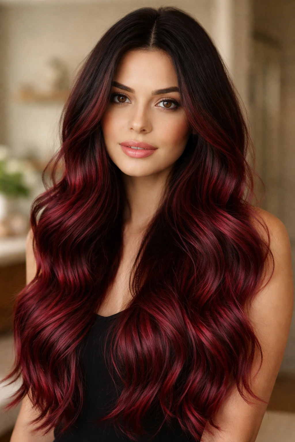 Portrait of woman with shadow root and burgundy lengths in natural lighting