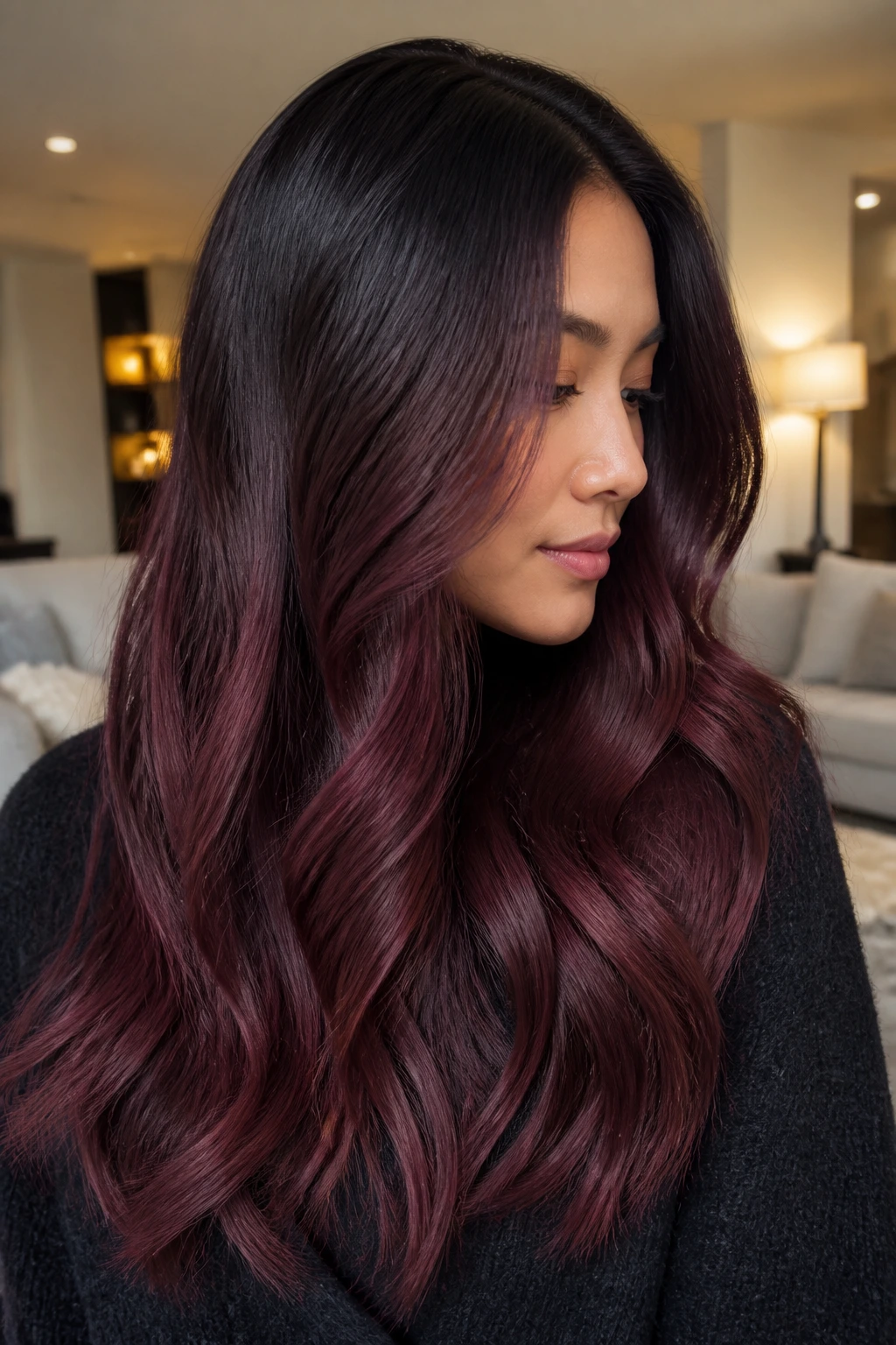 Long hair with shadow root burgundy melt in side profile