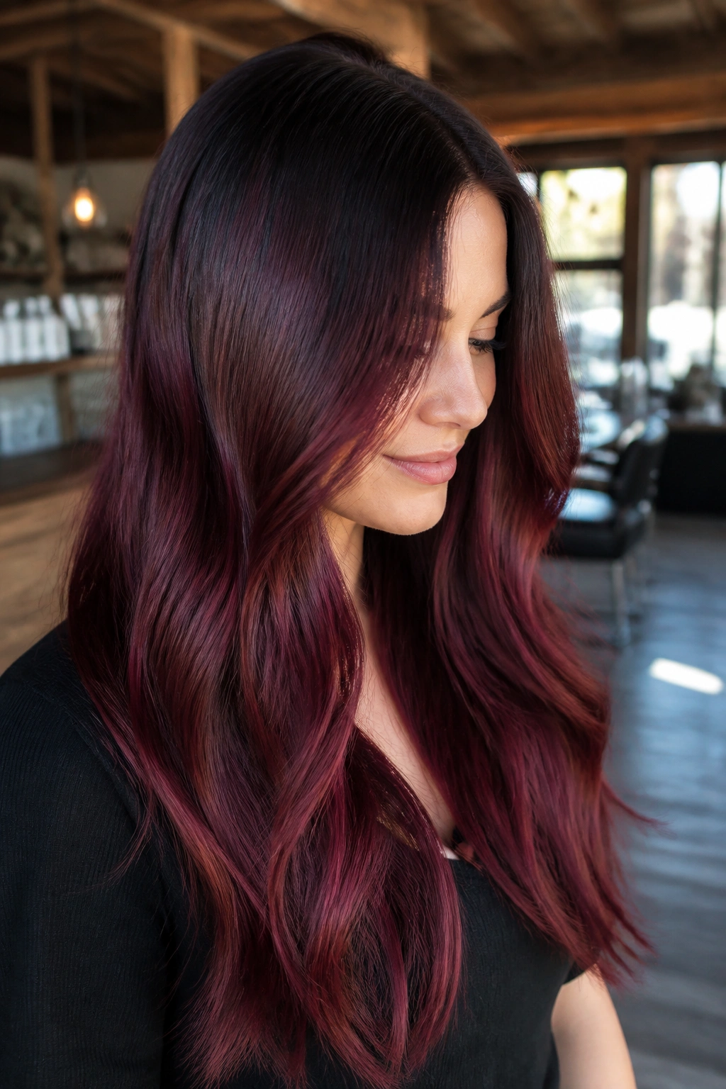 Long hair with a dark shadow root blending into burgundy