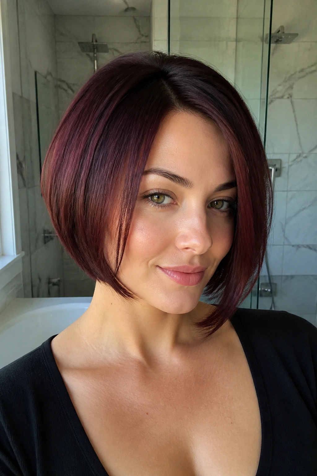 Portrait of a woman with rounded bob and burgundy shadow root.