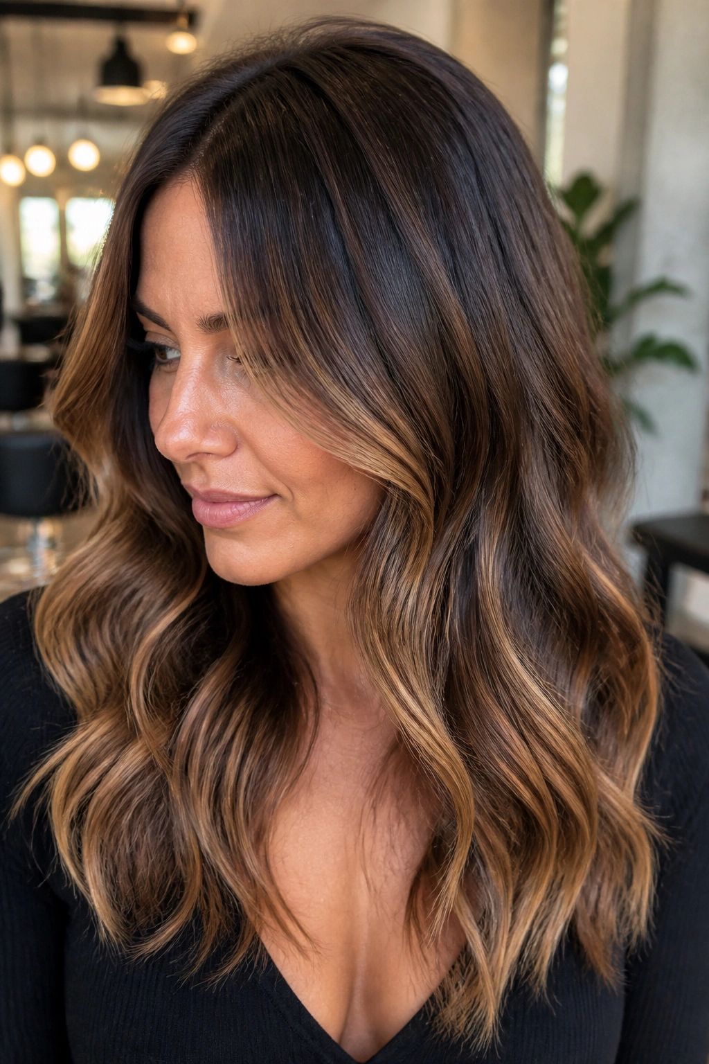 Hair with shadow root and caramel balayage along mid-lengths and ends.