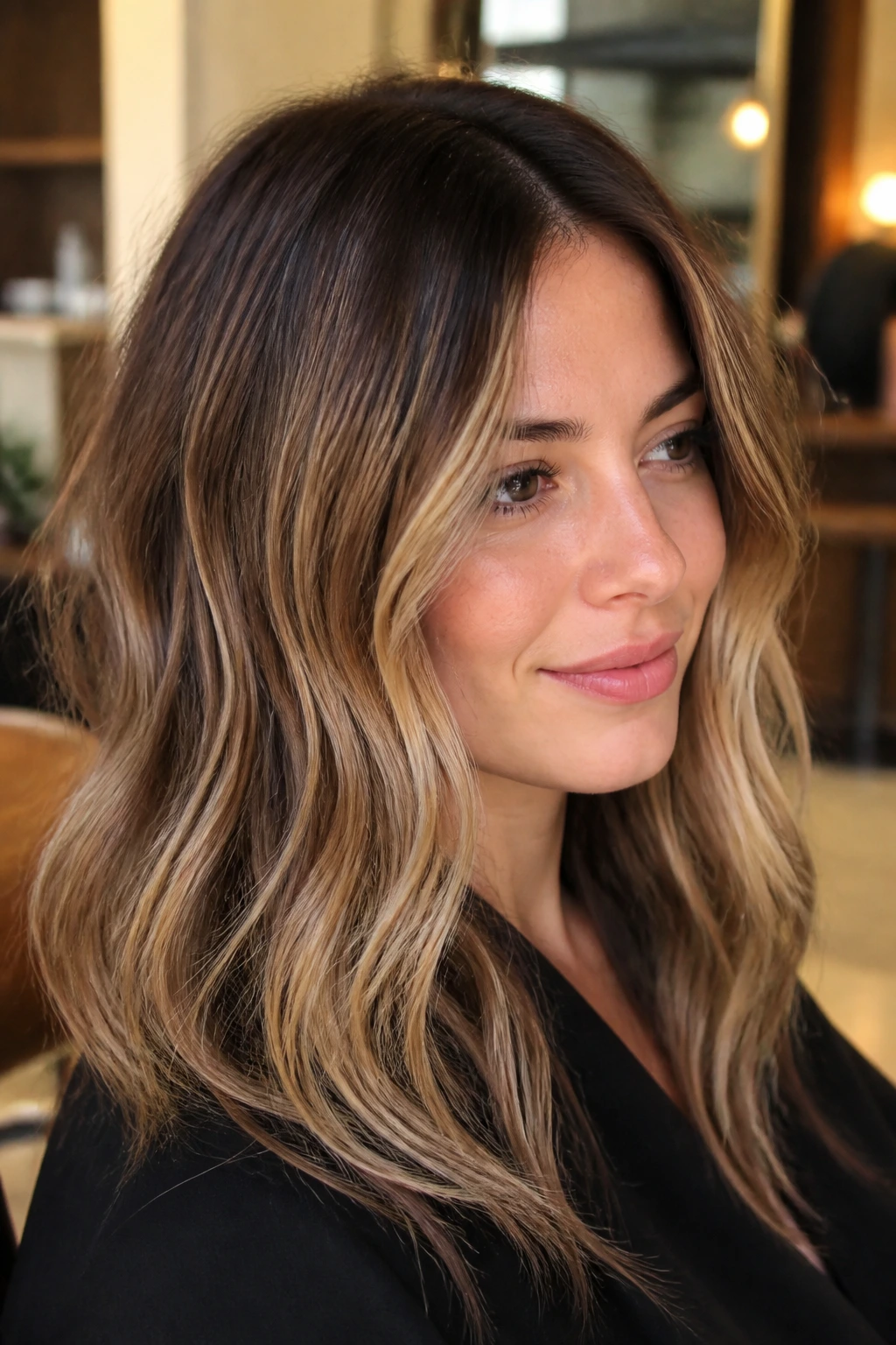Close-up portrait of a real woman with shadow-root caramel blonde hairstyle showing dark roots fading into caramel and blonde lengths
