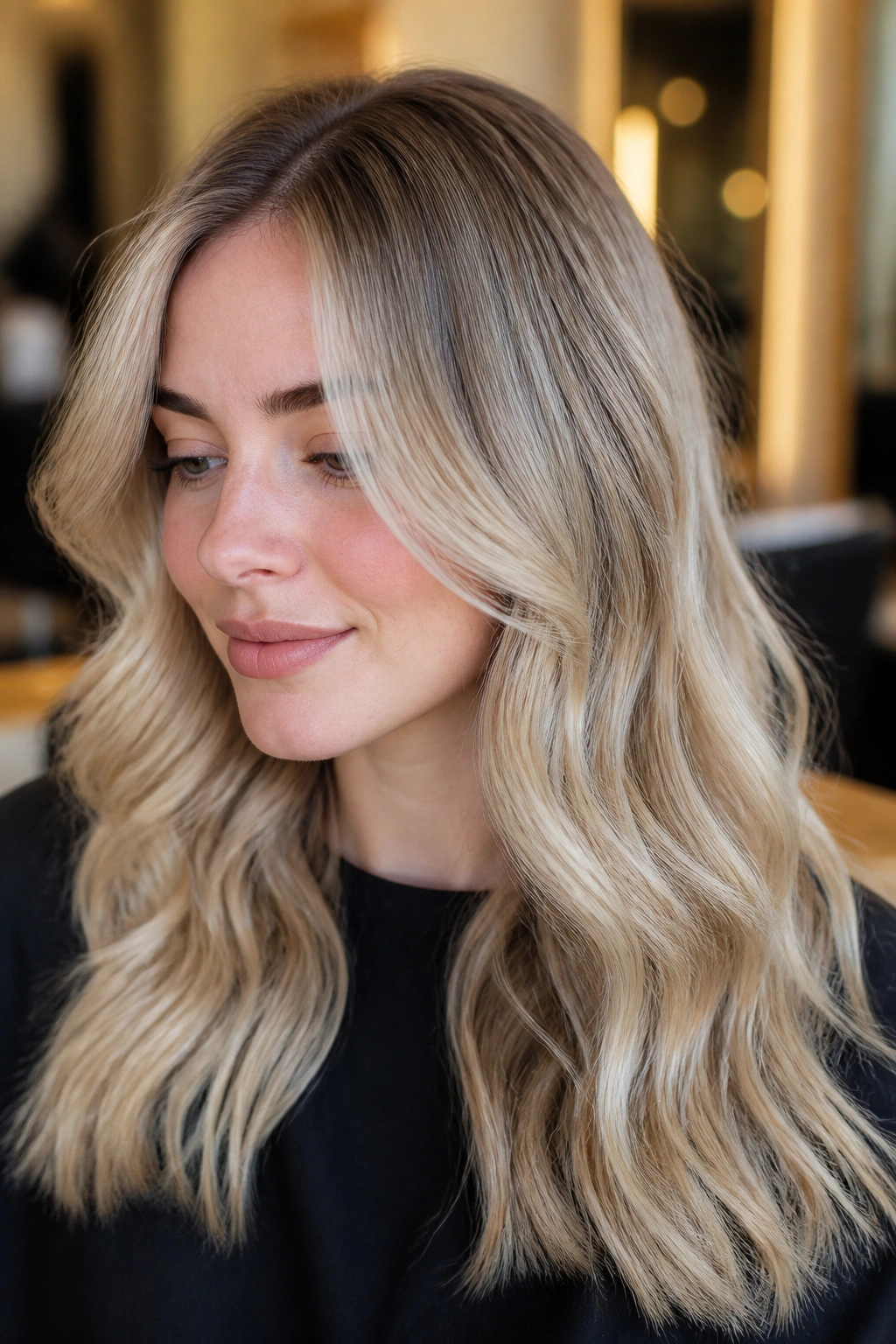 Close-up of a real person with shadow-root champagne hair showing dark roots and champagne blonde ends.