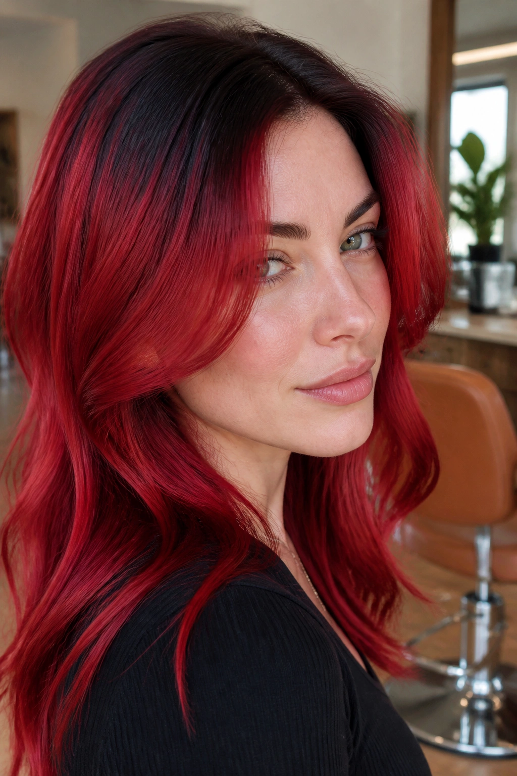 Close-up portrait of shadow-root cherry red on cool skin tones with dark roots and bright red lengths.