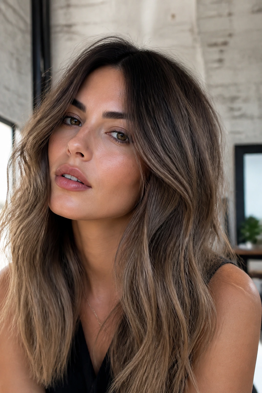 Portrait of person with shadow root cool brown hair