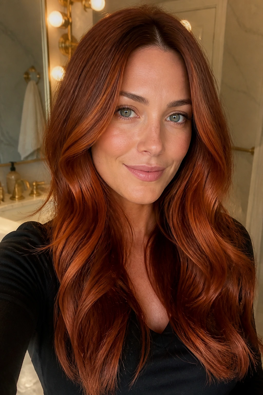 Close-up portrait of a real woman with shadow-root soft copper auburn hair