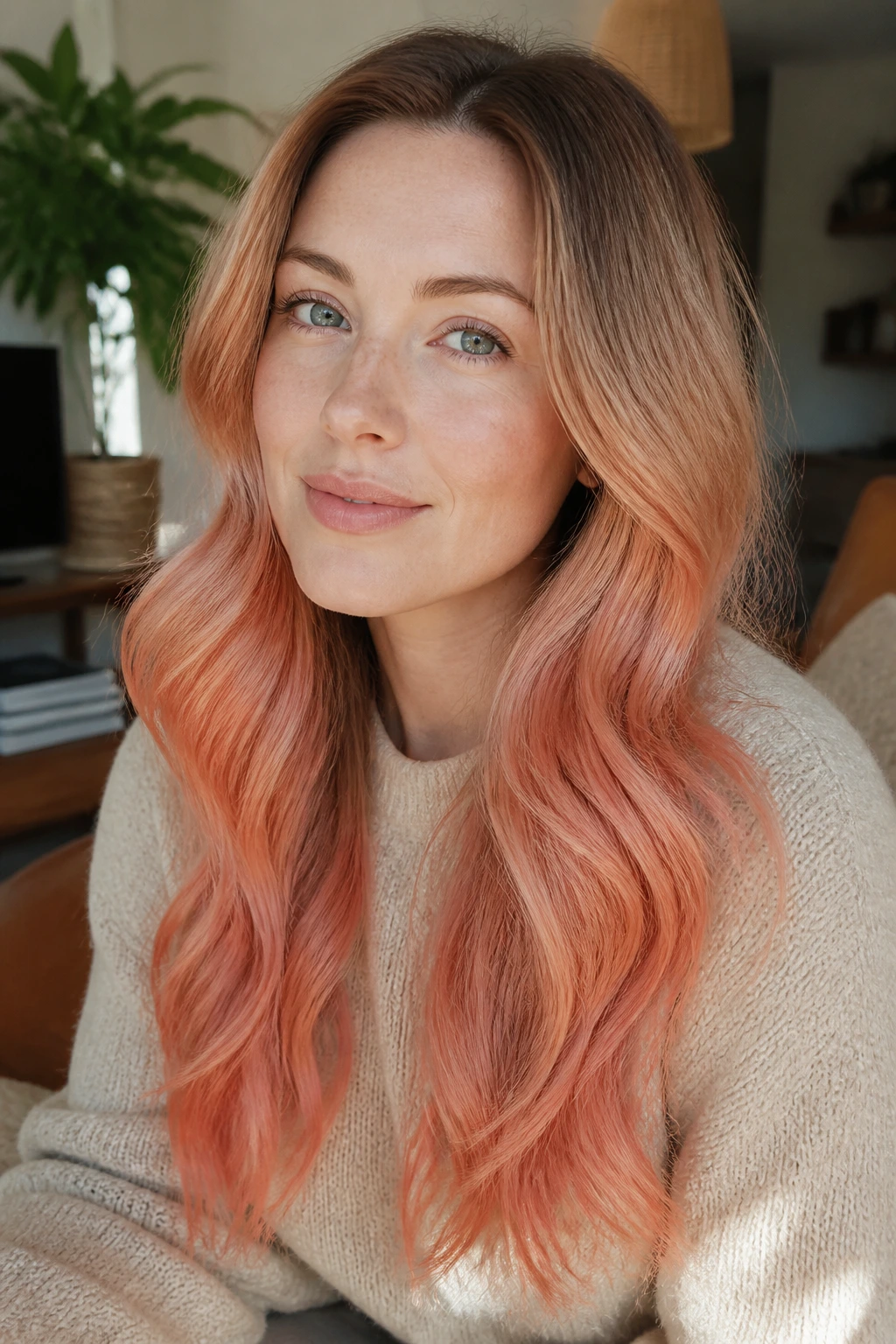 Portrait of a woman with warm coral ends and a soft shadow root on long hair.