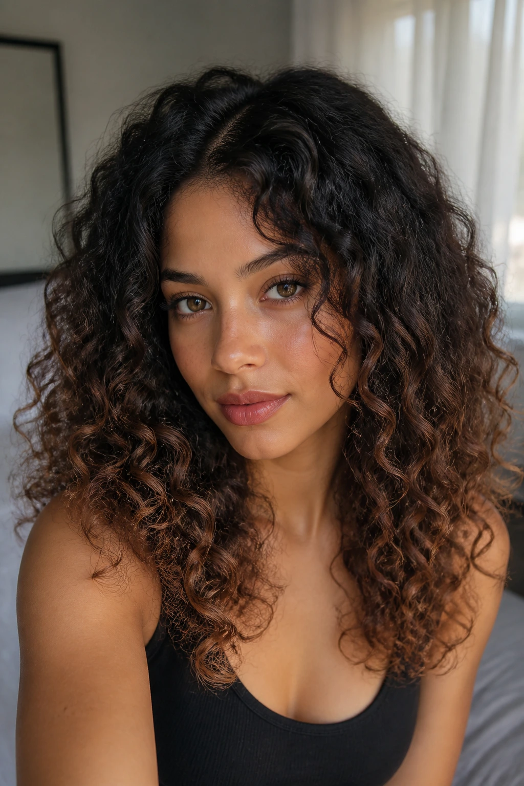 Close-up of a real woman with shadow root black and soft brown ends on curls in soft bedroom light